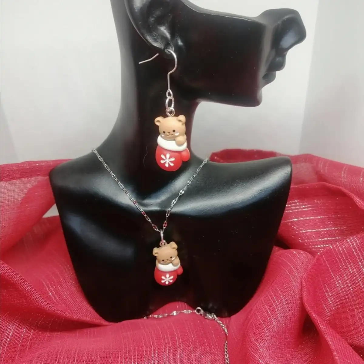 Ensemble collier boucle d'oreille ourson Noël