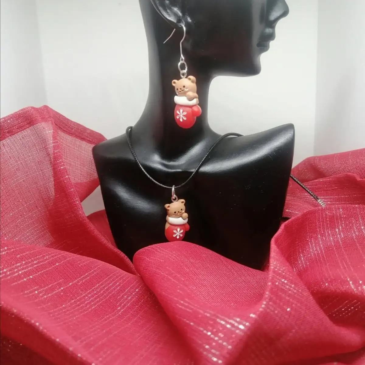 Ensemble collier boucle d'oreille ourson Noël